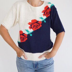 Vintage Worthington Cream Navy Rose Knit Short Sleeve Floral Grandma Sweater L